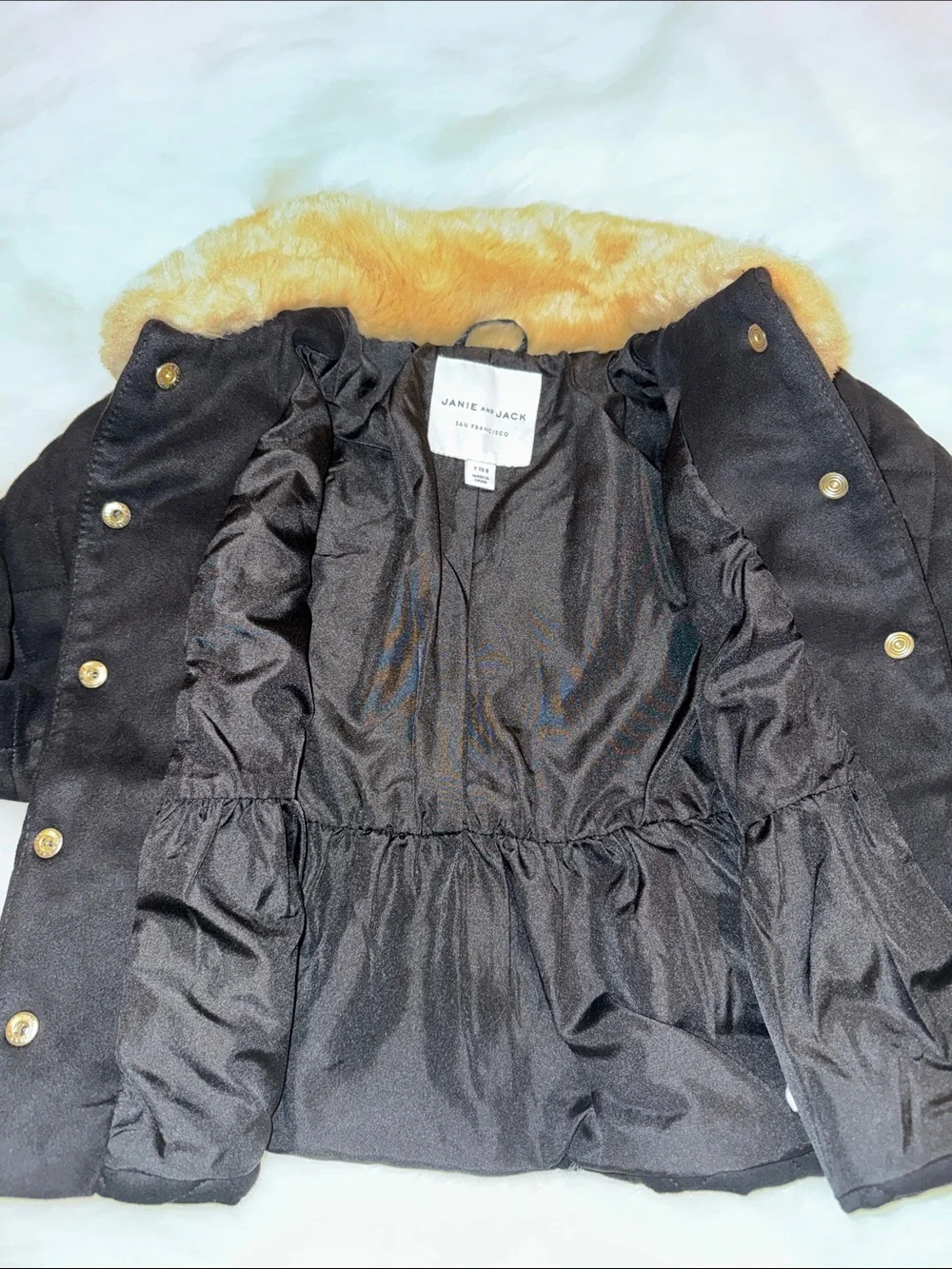 Janie and Jack Black Quilted Jacket with Beige Faux Fur Collar